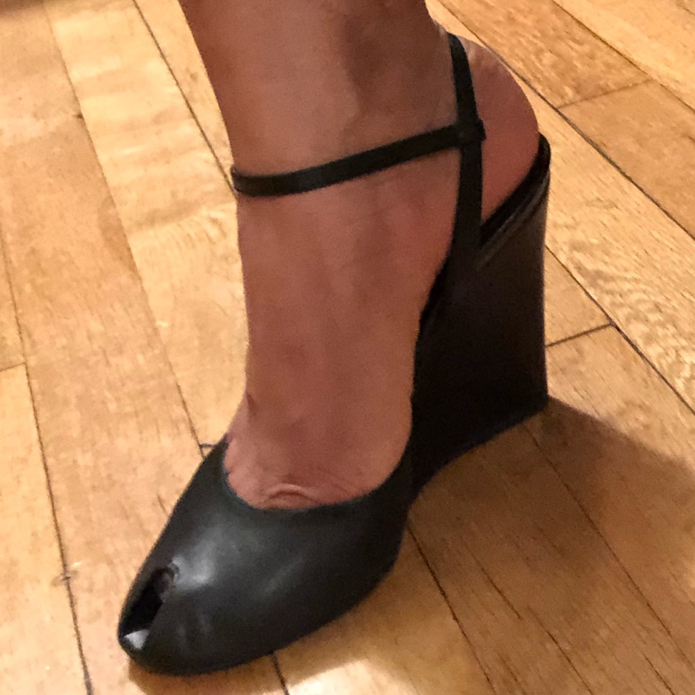 Balenciaga | Black Leather Peep Toe Wedges | EU size 37.5